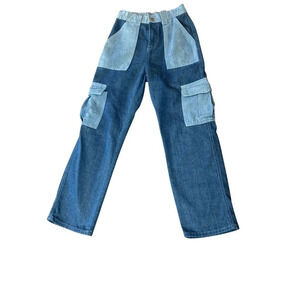 Funky Patchwork Contrast Pocket Cargo Jeans Size Small Elastic Waist in Back